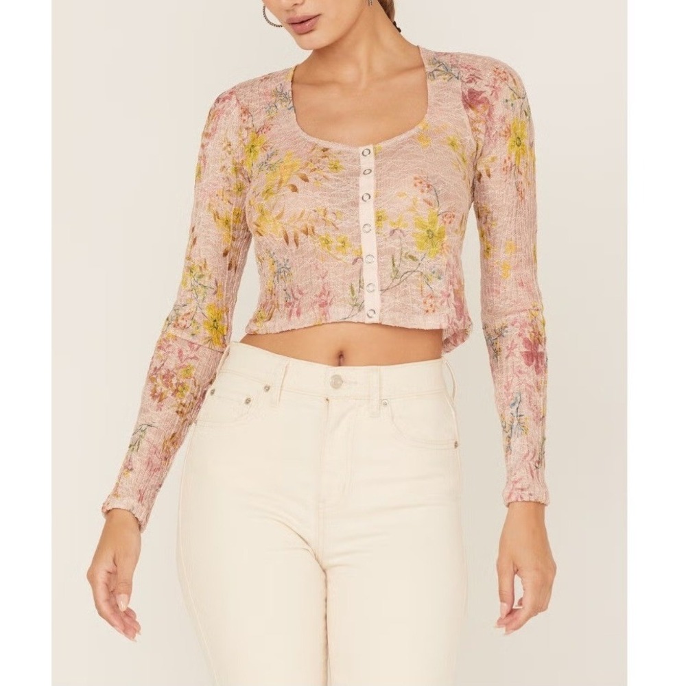 Free People Angelina Floral Print Semi Sheer Crop Top Women Large Long Sleeve